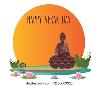 Vesak Day Creative Concept for Card or Banner. Vesak Day is a holy day for Buddhists. Happy Buddha Day with Siddhartha Gautama Statue Design Vector Illustration