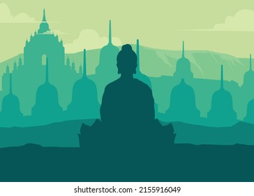 Vesak Day Creative Concept for Card or Banner. Vesak Day is a holy day for Buddhists. Happy Buddha Day with Siddhartha Gautama Statue Design Vector Illustration