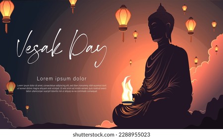 Vesak Day Creative Concept für Card oder Banner. Vesak Day ist ein heiliger Tag für Buddhisten. Fröhlicher Buddha-Tag mit Siddhartha Gautama Statue Design Vektorgrafik