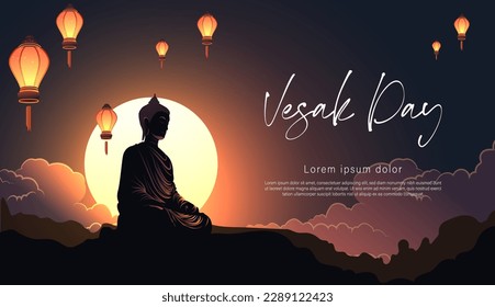 Concepto creativo de Vesak Day para tarjeta o pancarta. El Día de Vesak es un día sagrado para los budistas. Feliz Día de Buda con la ilustración del vector de diseño de estatua de Siddhartha Gautama