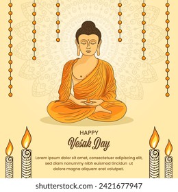 Vesak Day Creative Concept for Card or Banner. Vesak Day is a holy day for Buddhists. Happy Buddha Day with Siddhartha Gautama Statue Design Vector Illustration