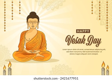 Vesak Day Creative Concept for Card or Banner. Holy day for Buddhists. Happy Vesak Day with Siddhartha Gautama Statue Design Vector Illustration