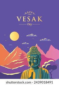 Vesak Day Creative Concept für Karte oder Banner. Der Vesak-Tag ist ein heiliger Tag für Buddhisten. Happy Buddha Day mit Siddhartha Gautama Vector Illustration. Landschaftshintergrund.