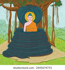 Vesak Day Creative Concept for Card or Banner. Vesak Day is a holy day for Buddhists. Happy Buddha Day with Siddhartha Gautama Statue Design Vector Illustration
