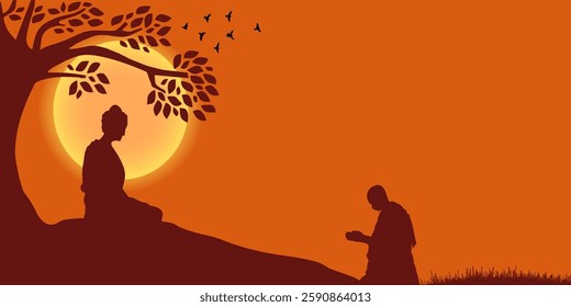 Vesak Day Creative Concept for Card or Banner. Illustration of Buddha silhouette, tree and monk. Buddha Purnima design background template