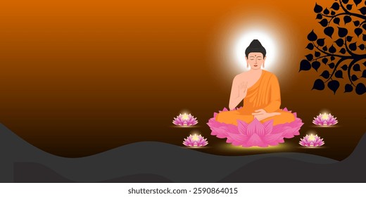 Vesak Day Creative Concept for Card or Banner. Illustration of Buddha, tree and lotus. Buddha Purnima design background template