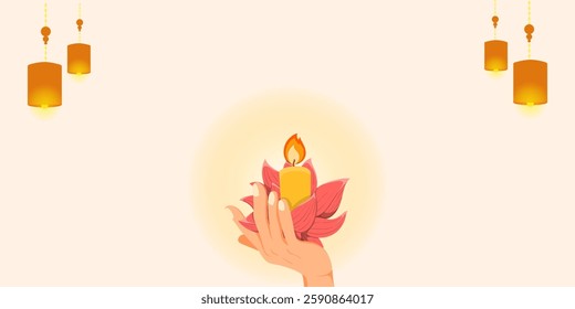 Vesak Day Creative Concept for Card or Banner. Illustration of hand holding lotus. Buddha Purnima design background template