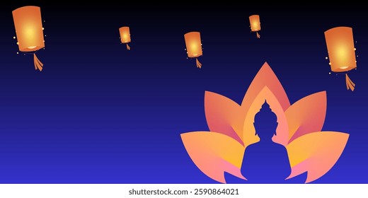 Vesak Day Creative Concept for Card or Banner. Illustration of Buddha silhouette, lampions and lotus. Buddha Purnima design background template