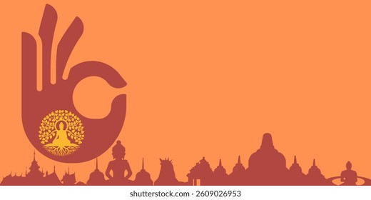 Vesak Day Creative Concept for Card or Banner. Illustration of Budha hand. Buddha Purnima design background template
