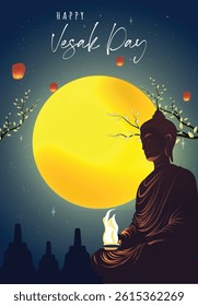 Vesak Day Creative Concept for Card or Banner. Vesak Day is a holy day for Buddhists. Happy Buddha Day with Siddhartha Gautama Statue Design Vector Illustration