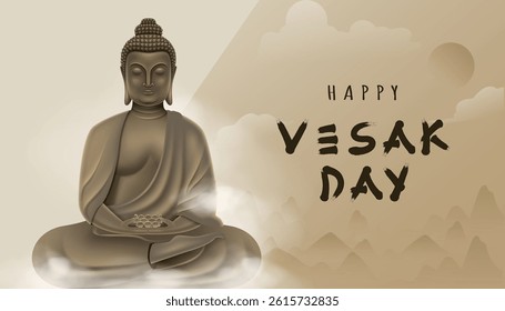 Vesak Day Creative Concept for Card or Banner. Vesak Day is a holy day for Buddhists. Happy Buddha Day with Siddhartha Gautama Statue Design Vector Illustration