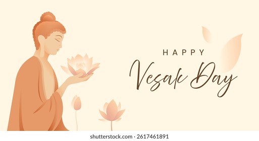 Vesak Day Creative Concept for Card or Banner. Vesak Day is a holy day for Buddhists. Happy Buddha Day with Siddhartha Gautama Statue Design Vector Illustration