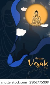 Vesak day creative concept design illustration for greeting card or wallpaper banner , Buddha Day with moon and silhouette Siddhartha Gautama Design vector illustration 