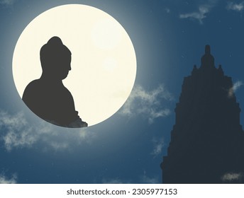Vesak day design illustration . Buddha day with silhouette Buddha and moon Design vector illustration 