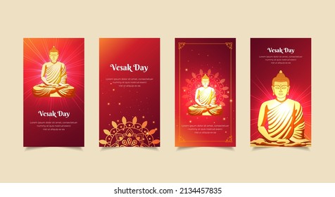 Vesak day design Stories Collection. Vesak day template stories suitable for promotion, marketing etc. Happy Vesak Day background with shinny Lord Buddha silhouette