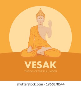 Vesak, the Day of the Full Moon vector. Sitting Buddha in lotus position vector. Buddhist holiday in May. Important day