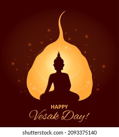 Vesak day or Happy Wesak, Buddha in lotus for Buddhism holiday vector greeting card. Vesak of Hindu Buddha birth holiday background with monk in meditation and lantern leaf silhouette