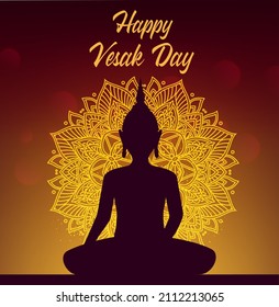 Feiertag Vesak, Buddha Geburt und Erleuchtung Festival. Vektor Buddha Silhouette in Mandala, goldenem Blumendekor oder Muster. Vaisakh purnima, Buddha jayanti und Bodhi-Hintergrund