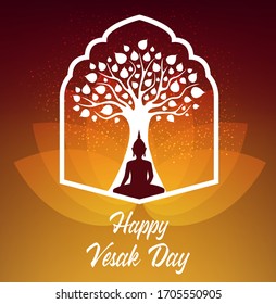 Vesak Day holiday. Buddha sitting under Bodhi tree meditate in lotus pose. Buddhism religion vector poster. Happy Vesak Day birthday celebration, enlightenment and death of Buddha