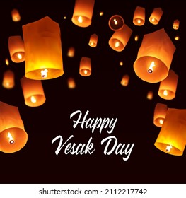 Vesak Day Holiday Night Lanterns. Buddhism Holiday, Buddha Birthday And Enlightenment Celebration, Hindu Religion Festival Realistic Vector Background With Sky Lanterns Flying In Night Sky