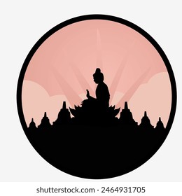 Vesak Day is a major Buddhist holiday. Happy Buddha Day with Design Vector Illustration of Siddhartha Gautama Statue and temple.Vesak Day suitable for Card or Banner