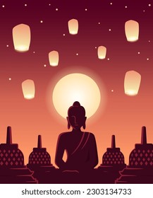 Vesak festival illustration. Buddha sataue sitting on lotus pose under the moonlight 