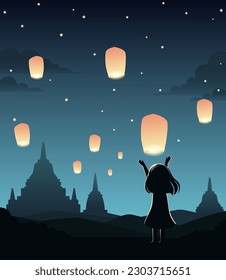 Vesak greeting card illustration. A girl releasing a lantern into the sky