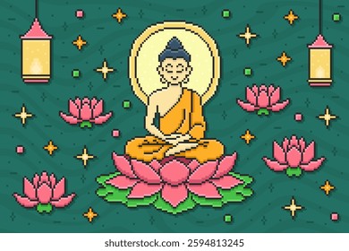 Vesak holiday. Buddha, lamps and pink lotuses in pixel style on a green background. Vector illustration