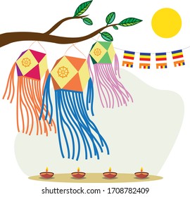 Vesak Lanterns, Vesak Moon, Buddhist flag and Oil Lamp Vesak Day Celebration Vector Art