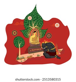 Vesak Poya Day. Becoming a Buddha, also known as attaining enlightenment, is a profound spiritual achievement in Buddhism, Traditional illustration Art