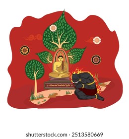 Vesak Poya Day. Becoming a Buddha, also known as attaining enlightenment, is a profound spiritual achievement in Buddhism, Traditional illustration Art