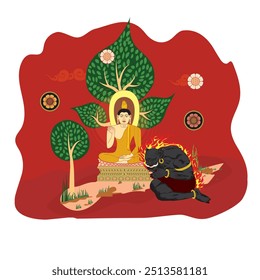 Vesak Poya Day. Becoming a Buddha, also known as attaining enlightenment, is a profound spiritual achievement in Buddhism, Traditional illustration Art