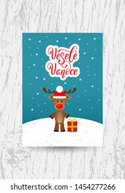 Vesele Vanoce on Czech language, phrase translate Merry Christmas. Happy winter holiday postcard with cute deer, colorful elements and hand lettering holiday quote on blue background.