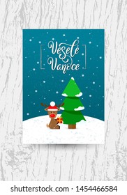 Vesele Vanoce on Czech language, phrase translate Merry Christmas. Happy winter holiday postcard with cute deer, colorful elements and hand lettering holiday quote on blue background.