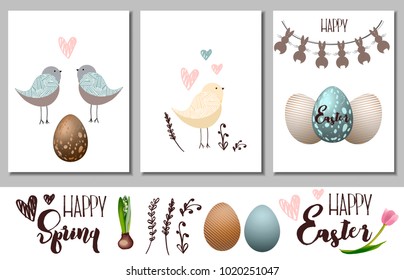 Vesenniy a set of postcards. Happy Easter. Bunny, chickens, flowers and colored eggs. Elements for postcards, invitations, advertisements, posters