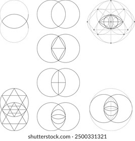 Círculos de Vesica Piscis, forma geométrica espiritual. Contiene variaciones que incluyen un diamante Vésica, Icthys, triple estrella de David y ojo cósmico. Vector aislado.