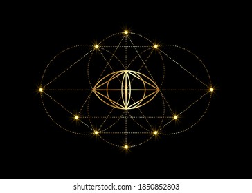 Vesica piscis gold Sacred geometry. All Seeing eye, the third eye or The Eye of Providence inside triangle pyramid. The Phi mystic heaven and earth vector illustration isolated on black background 