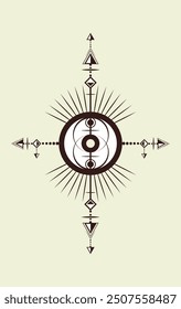 Vesica piscis misteriosa geometría sagrada mágica. logo tatuaje, dualidad, trinidad símbolo mitológico en estilo boho. Signo protector de las brujas wiccanas, el tercer ojo místico, Vector aislado 