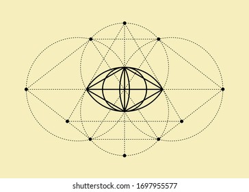Vesica piscis Sacred geometry. All Seeing eye, the third eye or The Eye of Providence inside triangle pyramid. The eye of Phi mystic heaven and earth vector illustration isolated on beige background 