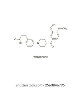 Vesnarinone flat skeletal molecular structure phosphodiesterase inhibitor drug used in heart failure treatment. Vector illustration scientific diagram.