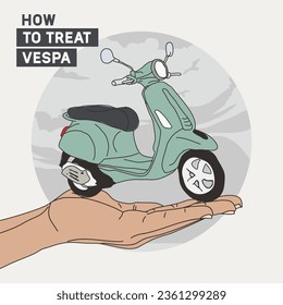 Vespa en mano, ilustración a mano, para la impresión de camisetas, afiche y ETC. Formato de vector 