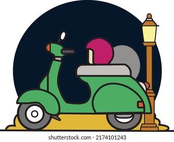 vespa motorcycle illustration design that is stopped in the middle of the night