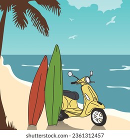 Vespa am Strand, handgezeichnet, für T-Shirt-Druck, Poster und ETC. Vektorformat 