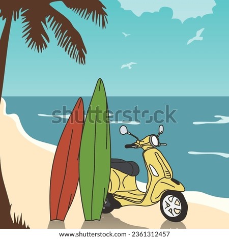 Vespa on the beach, hand drawn illustration, for t-shirt print, poster, and ETC. Vector format 