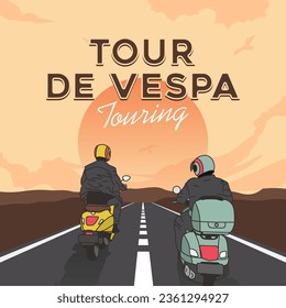 Vespa en la carretera, ilustración a mano, para camisetas impresas, afiches y ETC. Formato de vector 