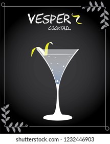 Vesper cocktail illustration vector with lemon twist garnish.
