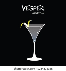 Vesper cocktail illustration vector with lemon twist garnish on square black background.