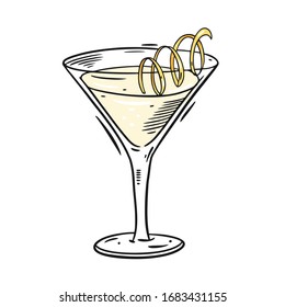 Vesper cocktail with lemon zest in glass. Hand drawn flat style. Cartoon vector illustration. Isolated on white background.