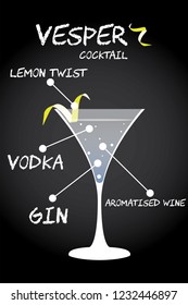 Vesper cocktail recipe illustration vector with lemon twist garnish.