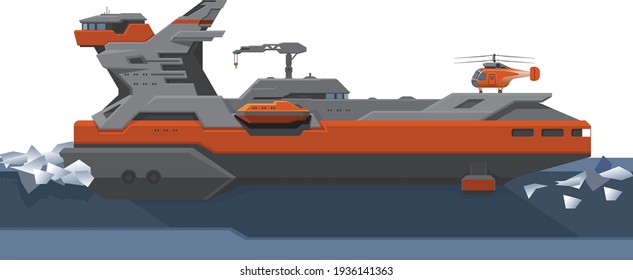 Vessel in Arctic ocean, icebreaker breaks the ice. Nuclear powered ship design. Vector